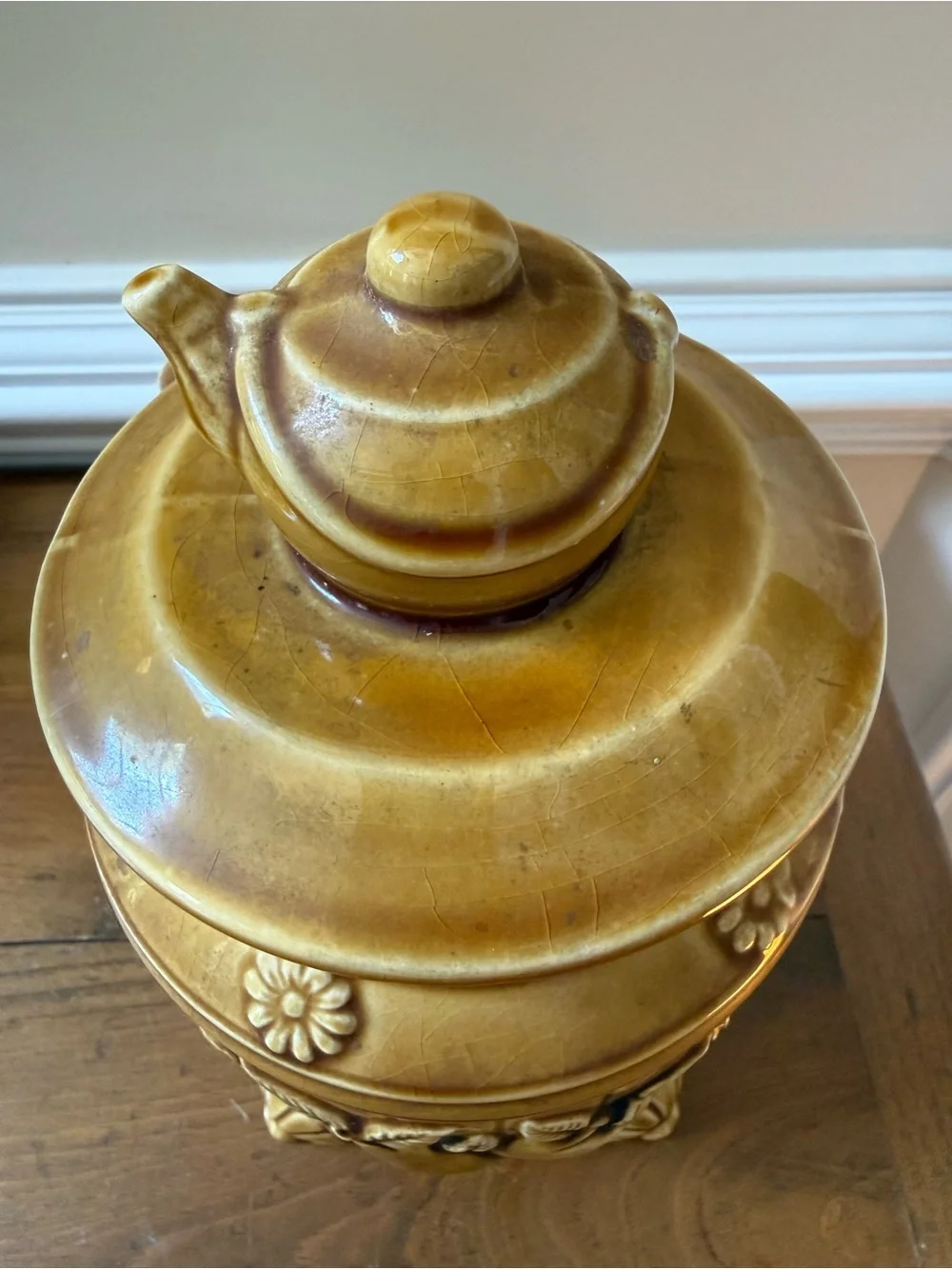 Vintage 1970s Marigold Ceramic pot-belly stove Canister with Fruit and Tea Motif